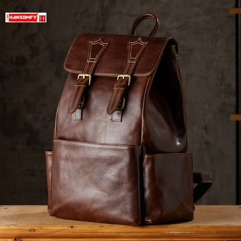 

Genuine Leather Men Backpack Fashion 2024 New 14-15.6 Inch Laptop Bag Travel Backpacks Retro First Layer Cowhide Schoolbag Tide