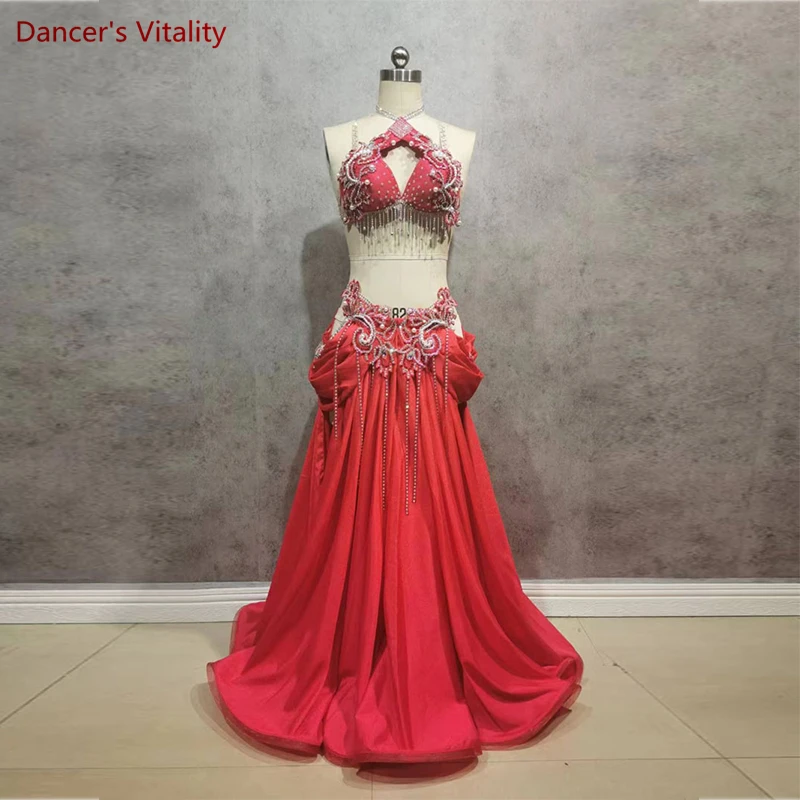 

Belly dance performance costume suit AB stoned hand made bra+split long skirt 2pcs customsized adult children bellydance outfit