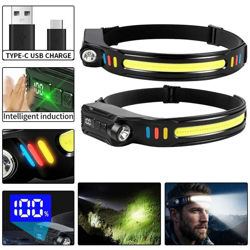 JIASHUAIXIN Neue Starke LED-Stirnlampe mit Induktion, Wiederaufladbare Bergbaulampe, Outdoor-Angellampe, COB-Stirnlampe