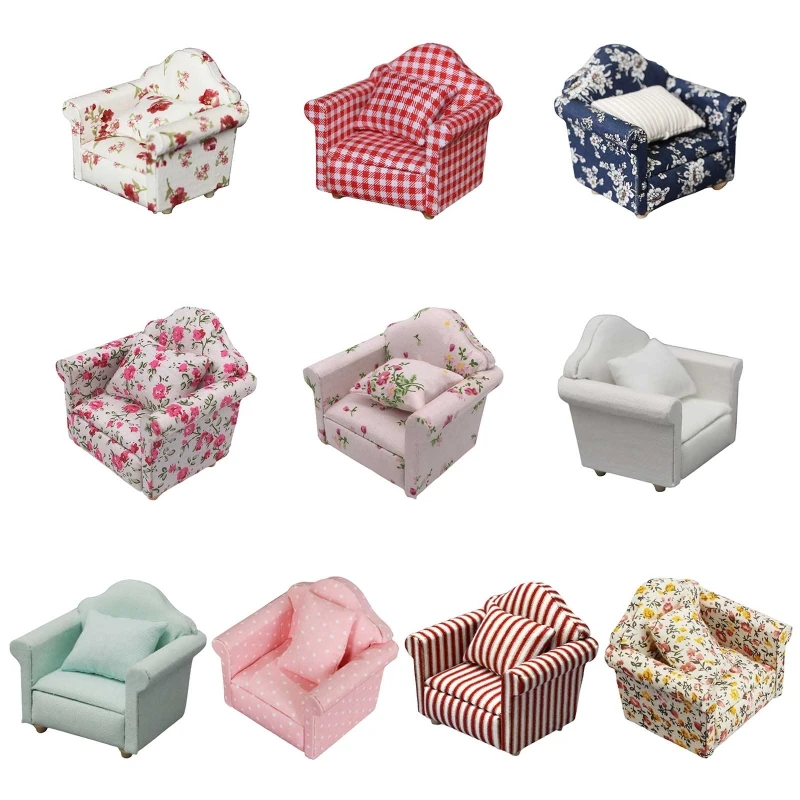 Mini canapé en bois pour enfants, fauteuil, jouet floral, coussin pour beurre, meubles de maison, accessoire de jeu, 1/12