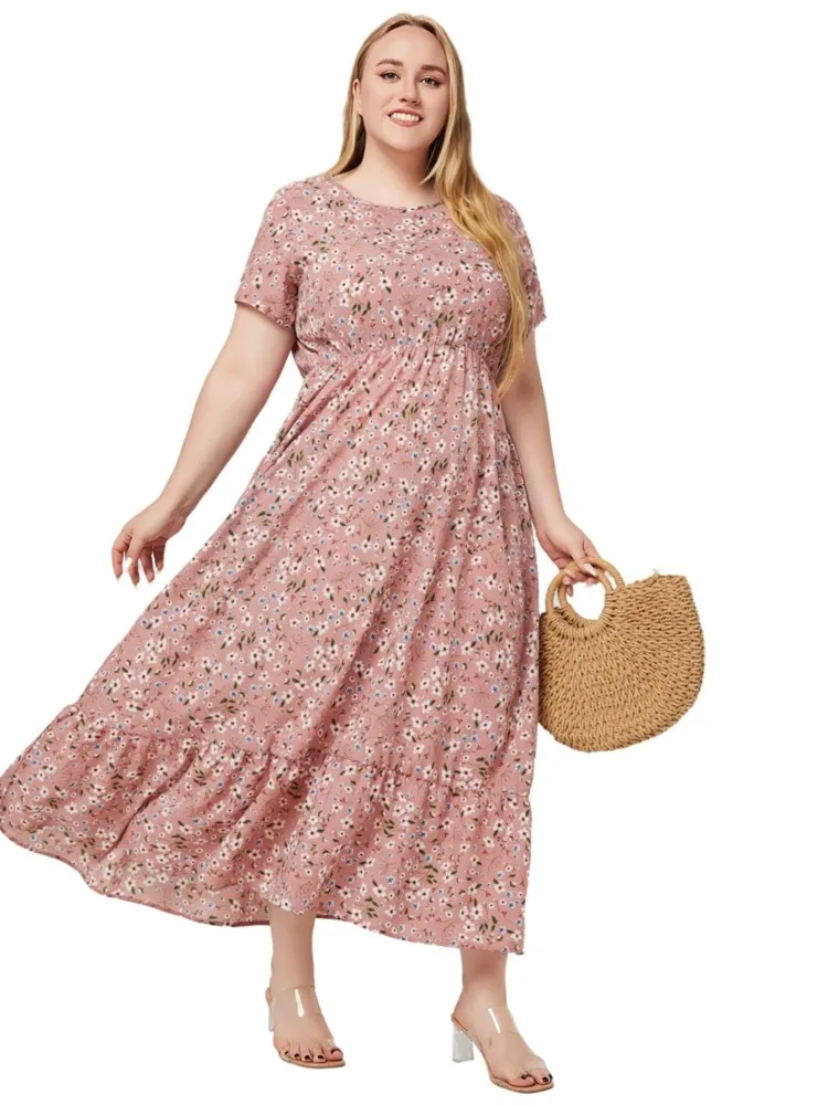 Plus Size Summer Long Dress Women Flower Floral Print Fashion Loose Ruffle Pleated Ladies Dresses Short Sleeve Woman Dress