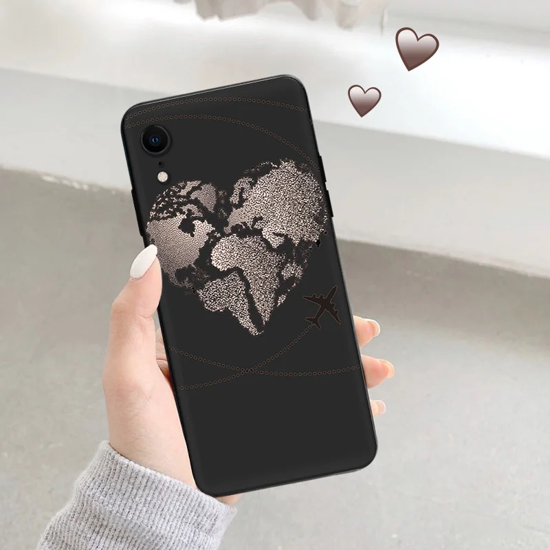 Phone Case For iphone 16Plus XR XSMax 15 14 13 12 11 16 Pro Max Mini 7 8 15Pro Airplane World Map Black Soft Protective Cover