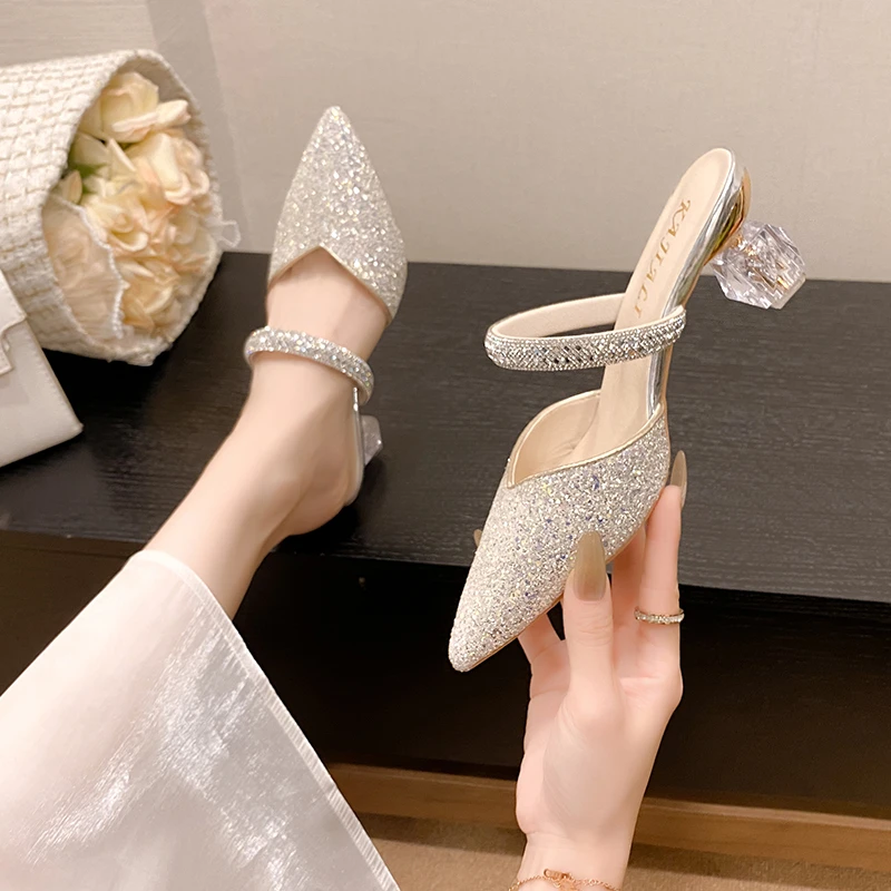 

Luxury Pointed Toe High Heels Summer New Style Diamond Glitter Patent Leather Sandals Thin Heel Headed Half Slip-On Slippers