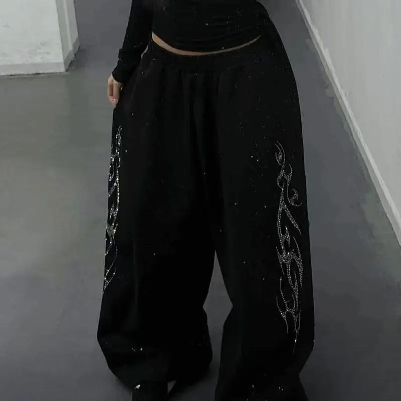 Hot Diamond Sparkle Jazz Hip-Hop mujeres americanas Retro pantalones deportivos calle coreana pantalones sueltos para correr pantalones de pierna ancha de cintura alta