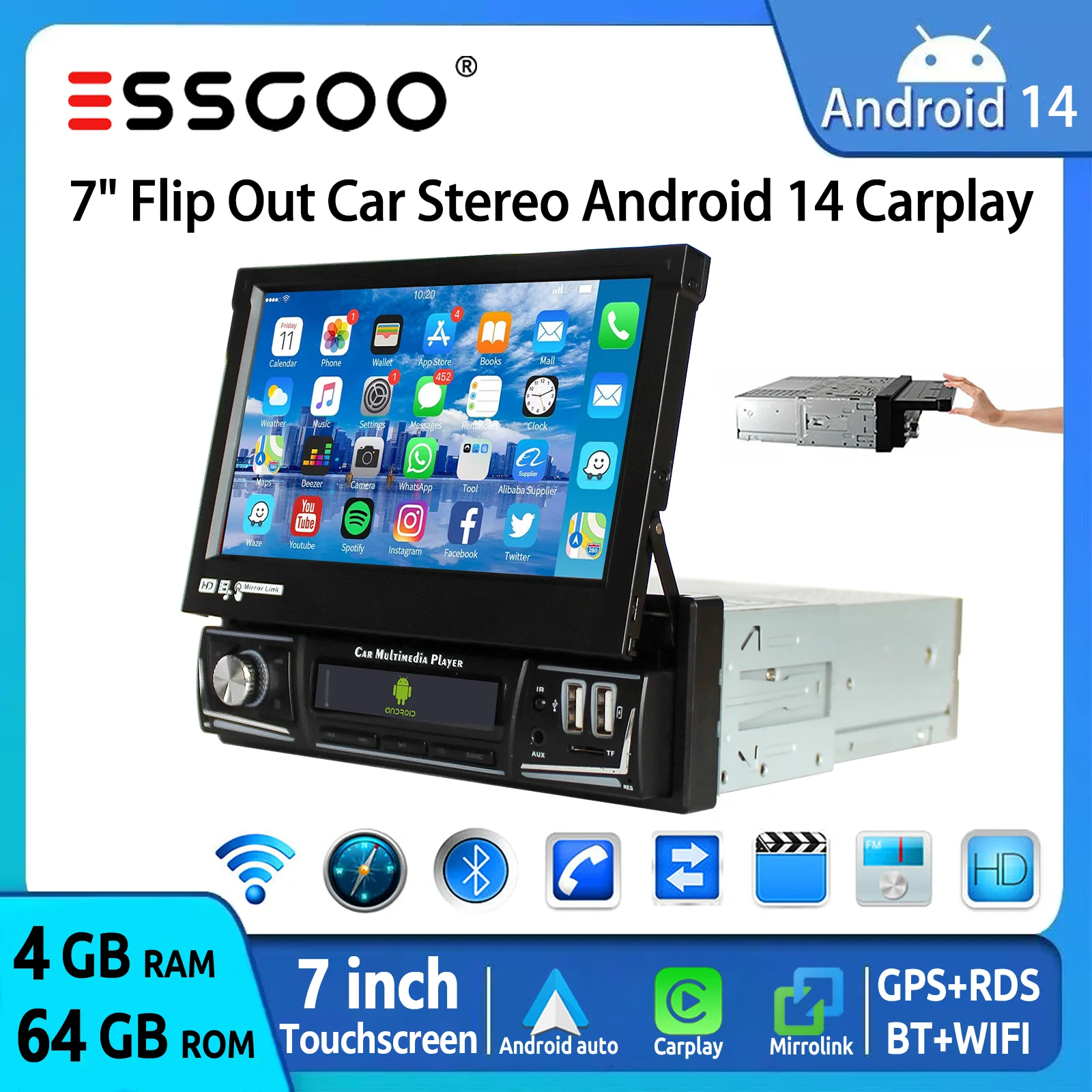 

ESSGOO Single 1 DIN Android 14 7" Touchscreen Flip Out Car Stereo Radio GPS Navi USB FM BT WiFi SWC RDS Carplay Android Auto