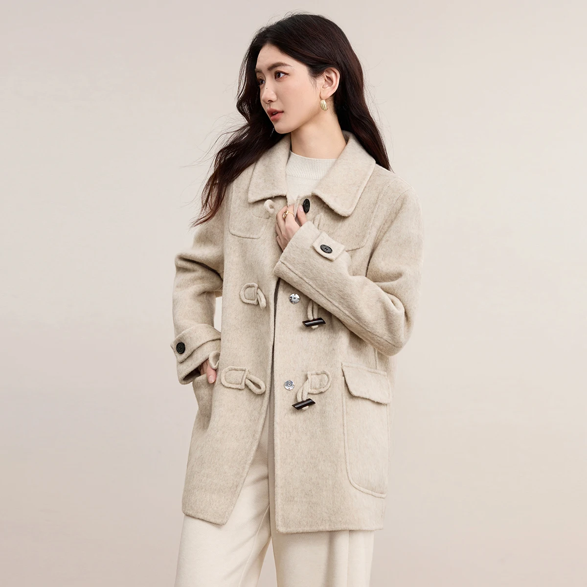 SENTUBILA Women's Double Faced Woolen Coat 2025 Winter College Style Jacket Horn Button Commuter Warm Thick Overcoat W54OC2675