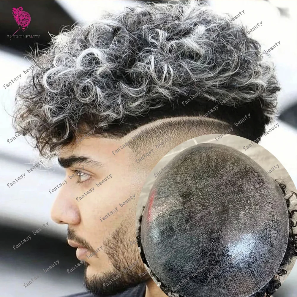 

Thin Skin PU Base 20mm Curly Black Man Durable Natural Hairline Human Hair Prosthesis System Undetectable 1B65 Grey Male Toupee