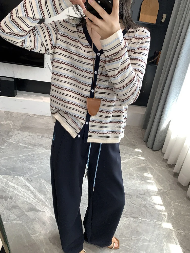 

Ultra-Fine Wool Knitted V-Ne Striped Open Cardigan Women's Spring Commute Sle Long Sve Regular Length Outerwear