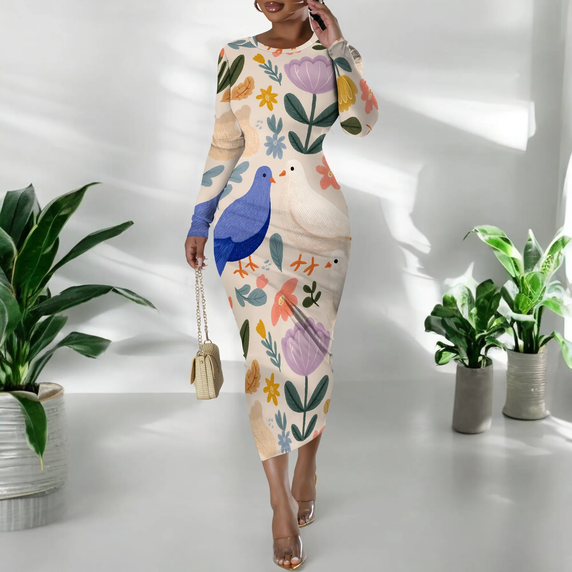 Langärmliges Kleid mit Vogelmuster, figurbetontes Midikleid mit Blumenmuster, Stretch-Passform mit Rundhalsausschnitt für Party, Arbeit, Date, XS-2XL