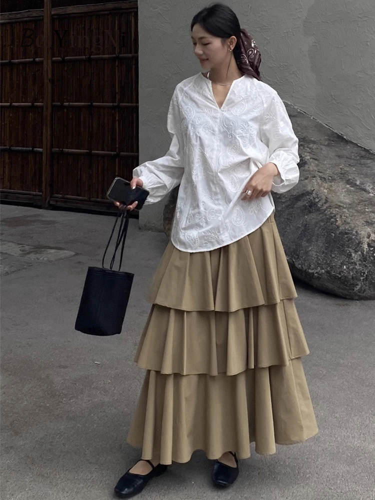 Beiyingni 2025 Nowa Koreańska Spódnica Damska w Jednolitym Kolorze Francuski Vintage Elegancka Długa Spódnica Tortowa Damska Codzienna Szykowna Spódnica w Kształcie Litery A Faldas