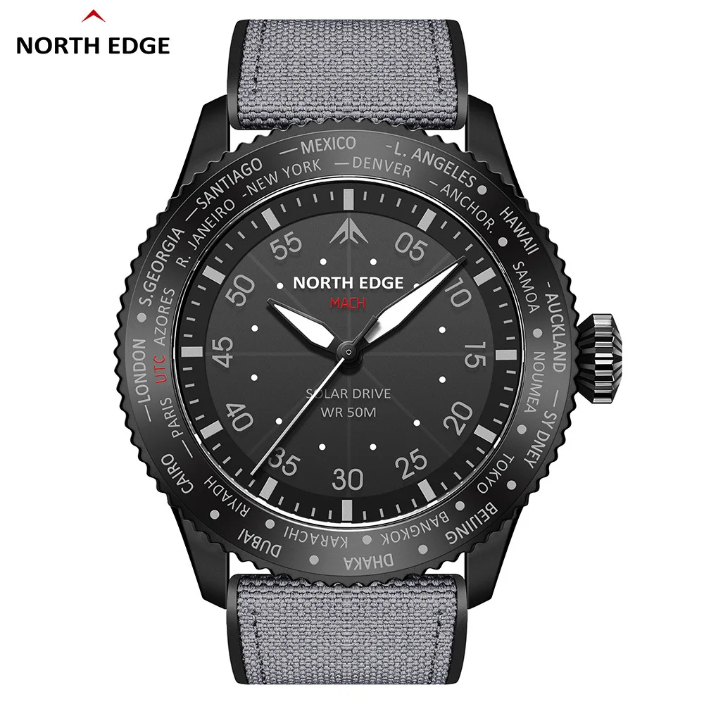 NORTH EDGE  MACH Solar Power Watch Men Waterproof 50M Men's Pilot Sports Wristwatches Luminous Enviormentally Clock