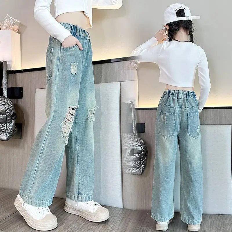 Vintage Ripped Jeans for Girls Fashion High Waist 2024 Spring Autumn Broken Hole Wide Leg Pants Kids Teen Denim Trousers 5-14Yrs