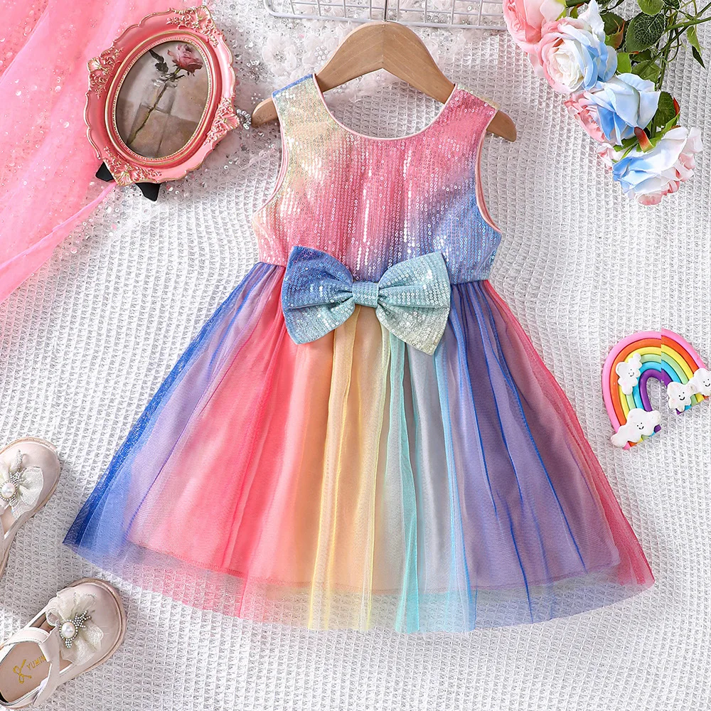 

2024 Summer New Arrival Girls Sleeveless O Neck Bow Sparkly Sequins Multi Designer Cute Party Princess Dress Custume 8-12T