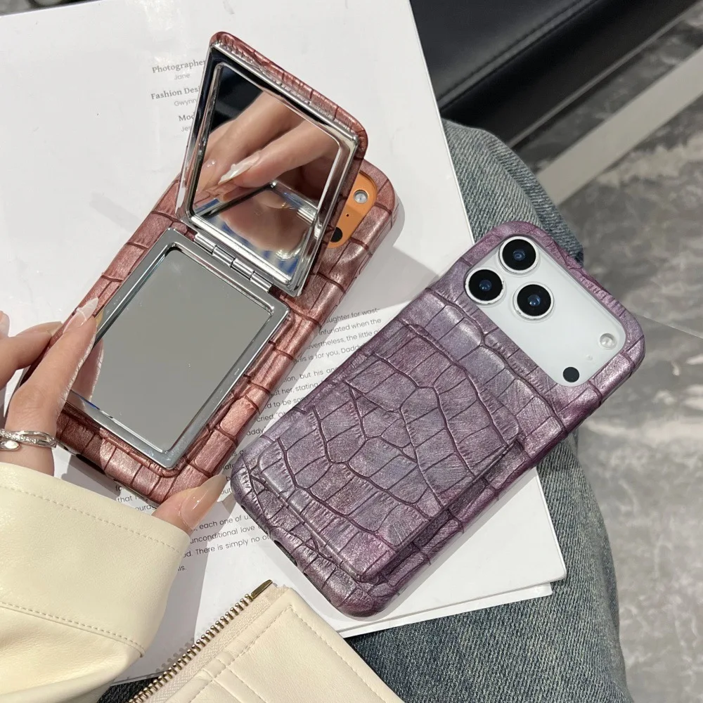 

Ретро-чехол с крокодиловым узором для iPhone 17 Pro Max, флип-чехол-зеркало, держатель для 16 Pro, полностью закрывающий защитный чехол для 15, защитный чехол для 14