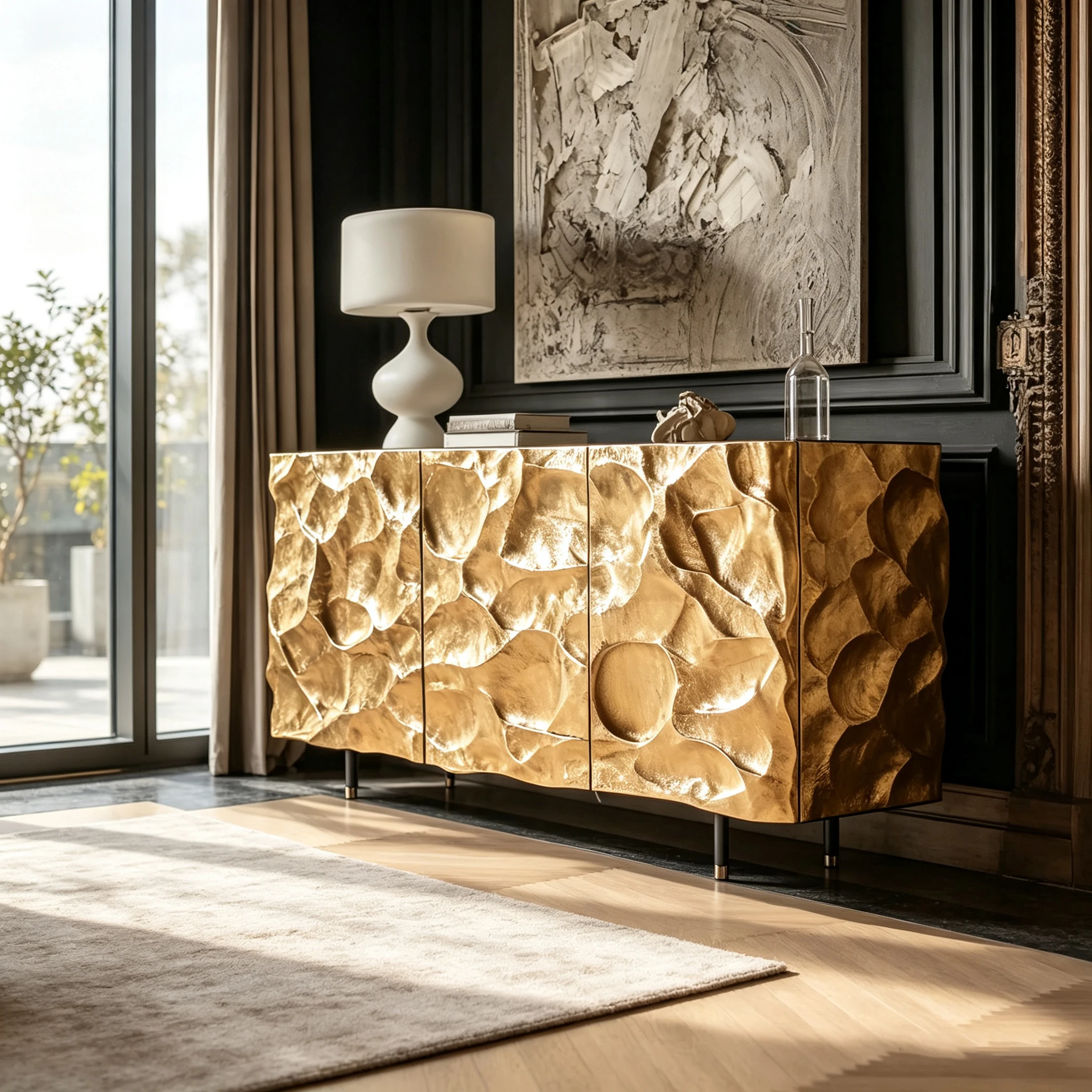Y*-Fiberglass Frame Triple Door Buffet Rough Sculptural Gold Relief Cabinet Thin Black Feet for Luxury Villa