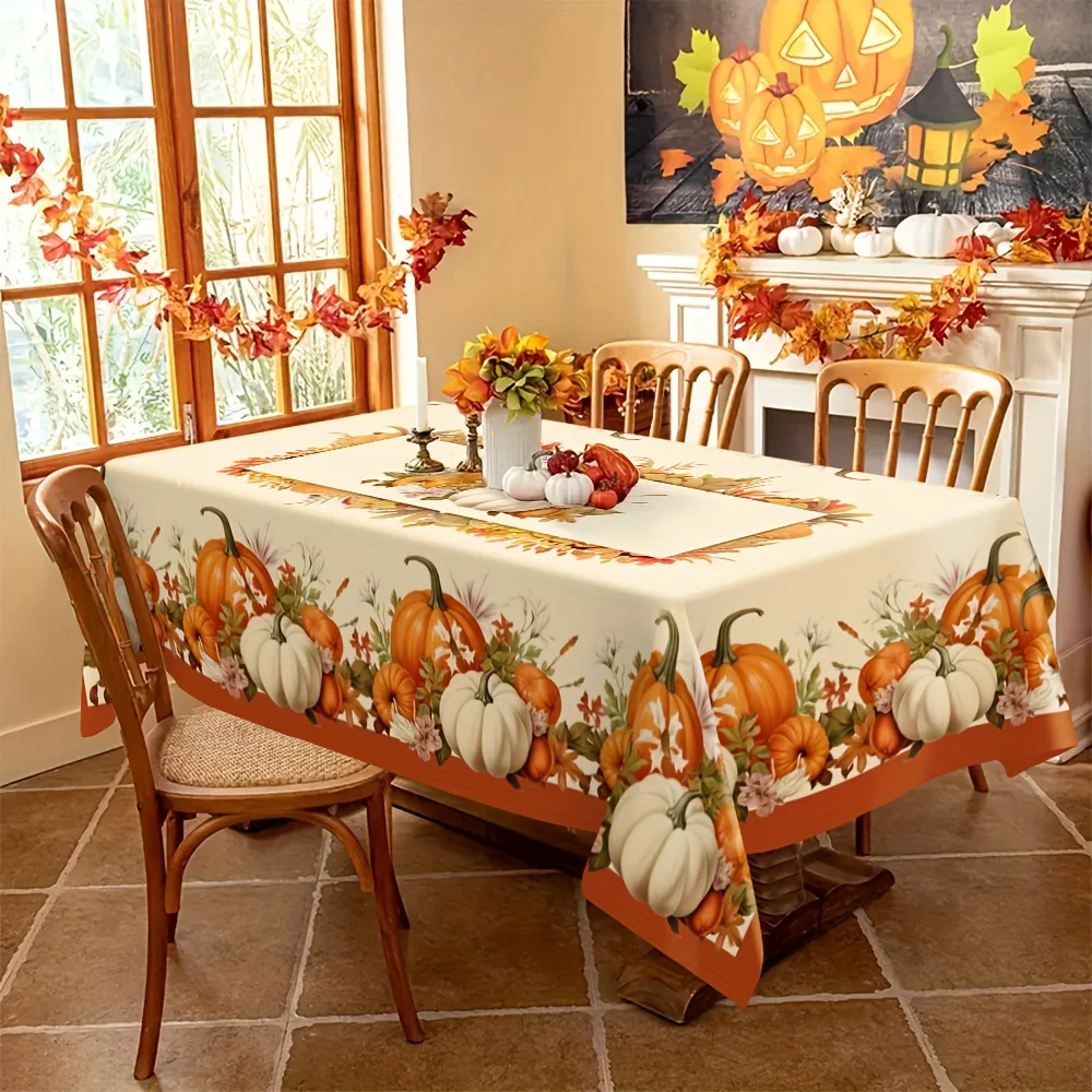 Fall Thanksgiving Pumpkin Maple Leaves Rectangle Tablecloth for Table Decor Reusable Kitchens Dining Tablecloth Autumn Decor