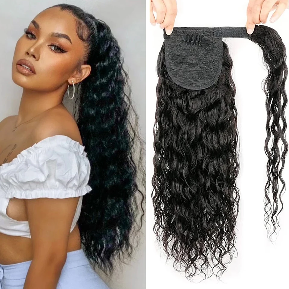 100G Ponytail Human Hair Water Wave Ponytail Virgin Human Hair Extension Wrap Around Clip In Ponytail Natural Color For Women