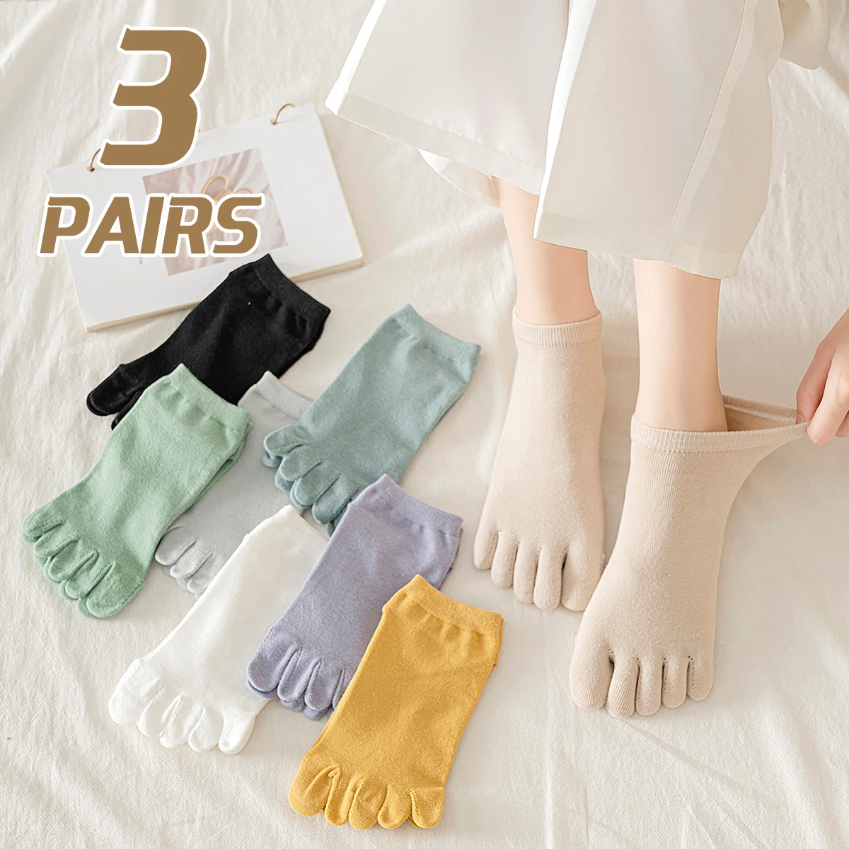 

3 Pairs of Women's Cotton Spring and Autumn Pure Color Simple Fashion College Style Comfortable Summer Breathable Five Toe Socks