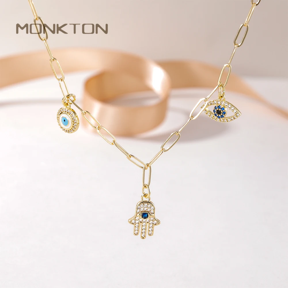 Monkton Gold Plated Evil Eye Hamsa Hand Pendant Necklace for Women Dainty Crystal Evil Eye Charms Choker Protection Jewelry