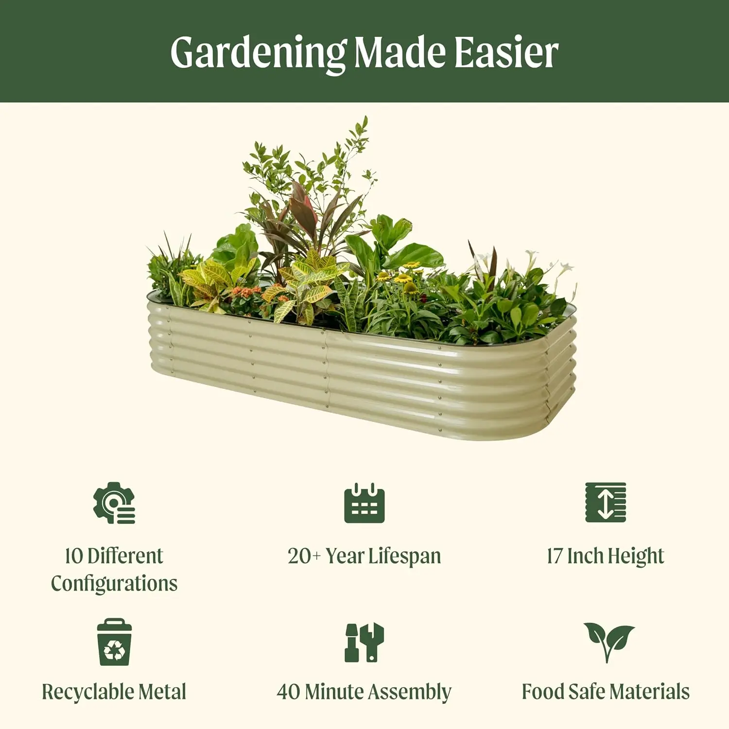 Outdoor Olive Green Metal Raised Garden Bed Kit, 10 - in - 1 Modular Design