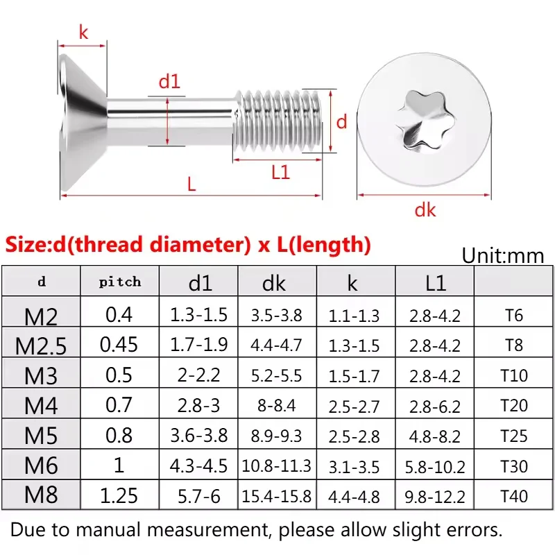 Peijian 304 Stainless Steel M2 ~ M8 Torx Screws Plum-blossom Socket Countersunk Flat Half Thread Anti-loosening Screw