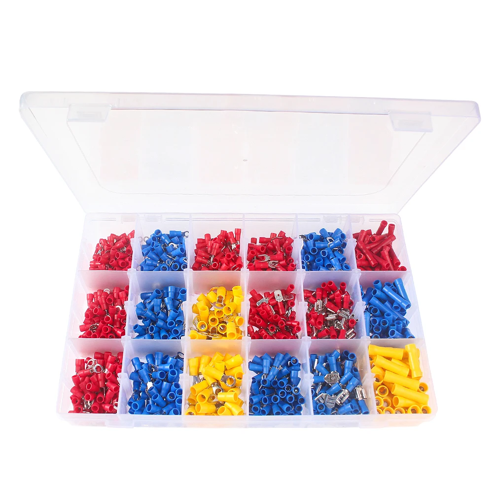 

1200PCS/BOX Assorted Size Insulated Electrical Wire Terminals Crimp Ring Connector Spade Butt Ring Fork Set Male Female Kit