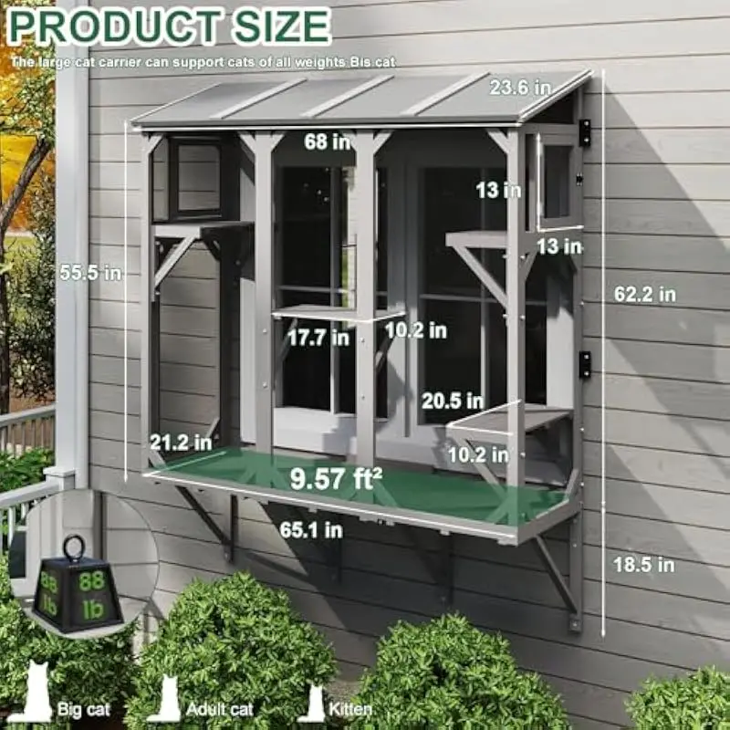 Expandable 3-Sided Window Catio for Indoor Cats | 68 Inch L x 21.2 Inch W x 55.5 Inch H | Solid Wood Frame with Mortise Tenon Jo