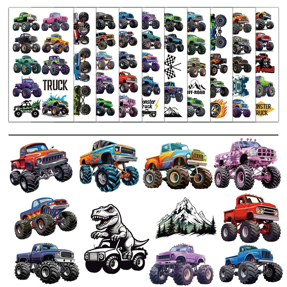 10PCS Creative Monster Truck Car Cartoon Character Tattoo Stickers Safe, Non Toxic, Washable Tattoo Stickers
