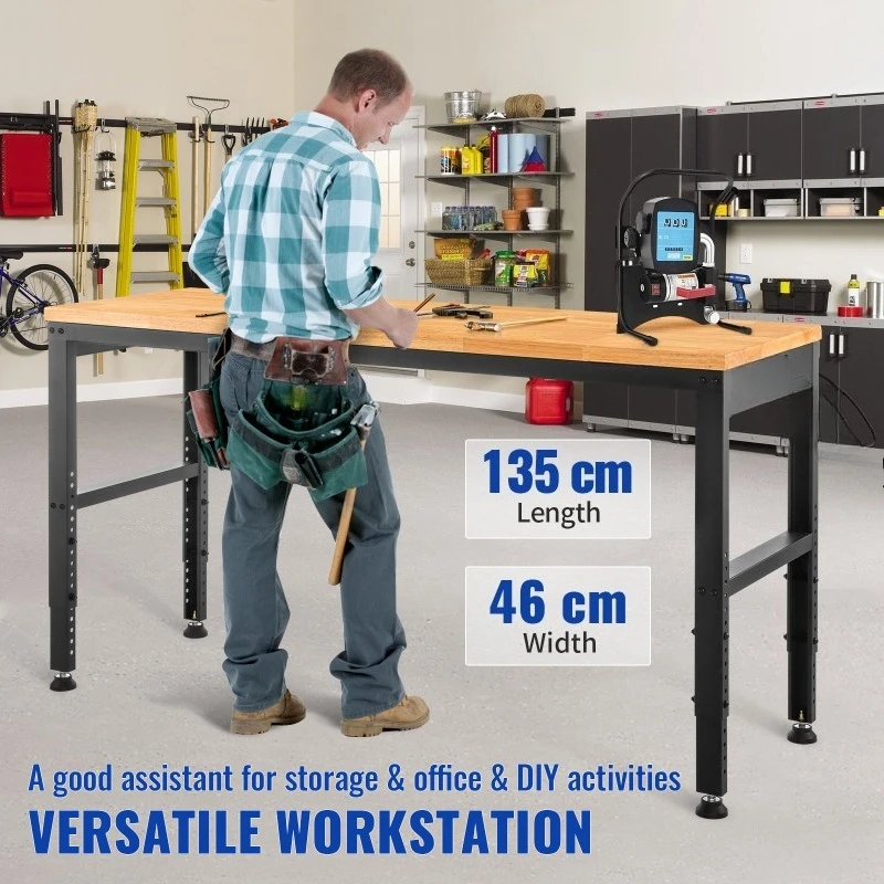 Banc de travail réglable en hauteur 135x46x72-97 cm, table de travail pliable en acier laminé à froid, capacité de charge 900 kg, marron, banc multifonctionnel pour entrepôt, bureau, atelier, garage, bricolage