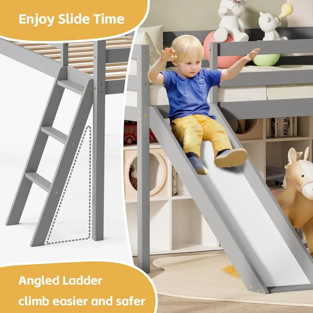 Low Loft Bed with Slide, Wood Twin Loft Bed Frame with Climbing Ladder & Storage Space for Kids Toddler (Grey)