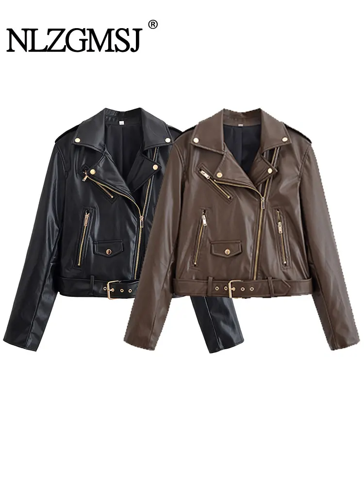 

NLZGMSJ с поясом, женская кожаная свободная куртка, осень 202, мотоциклетная куртка с длинными рукавами, короткое пальто, женская верхняя одеждаY2K