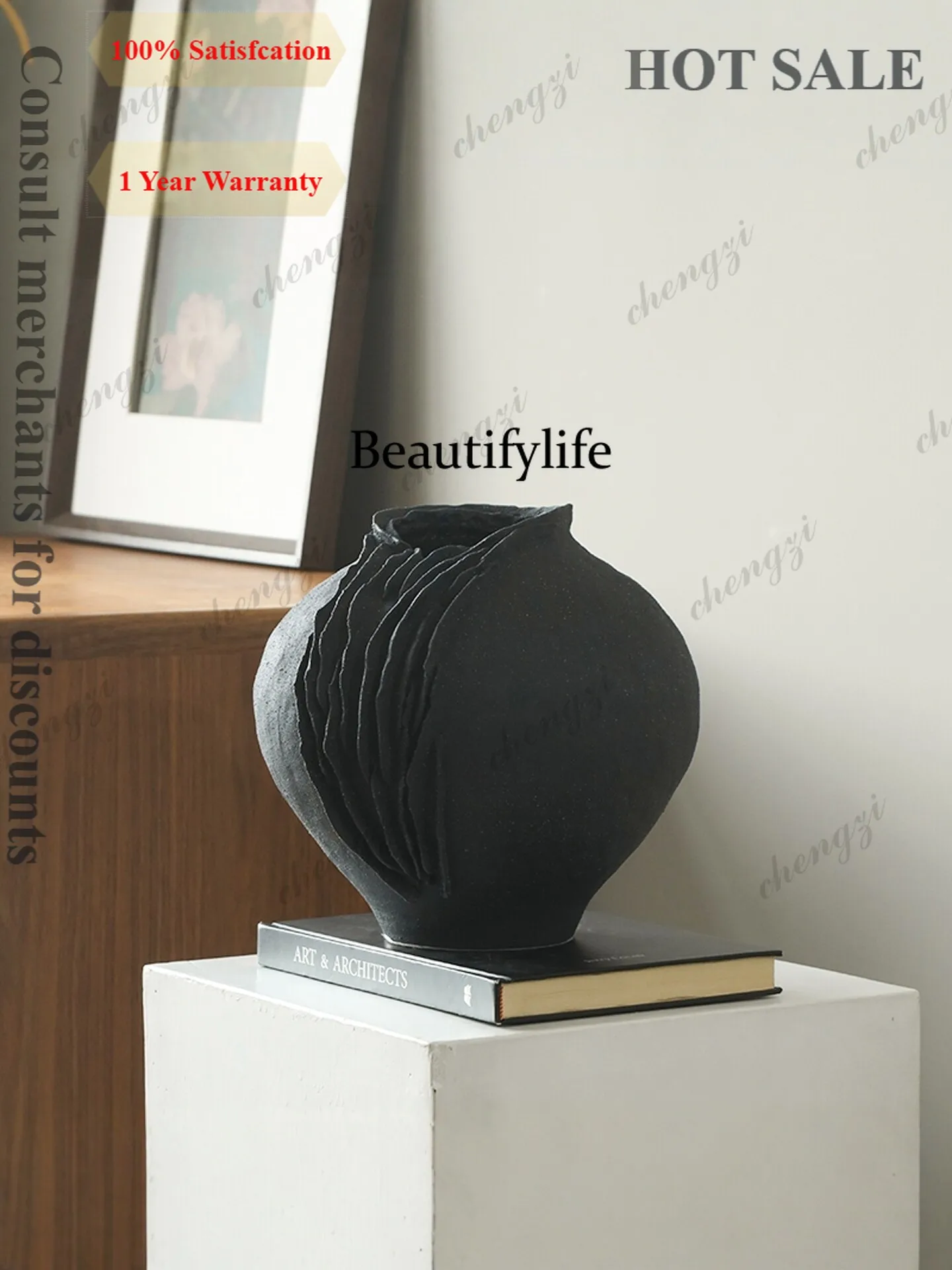 c139 Black vase ceramic ornament wabi sandy wind Jingdezhen black pottery flower ware design sense niche pottery pot