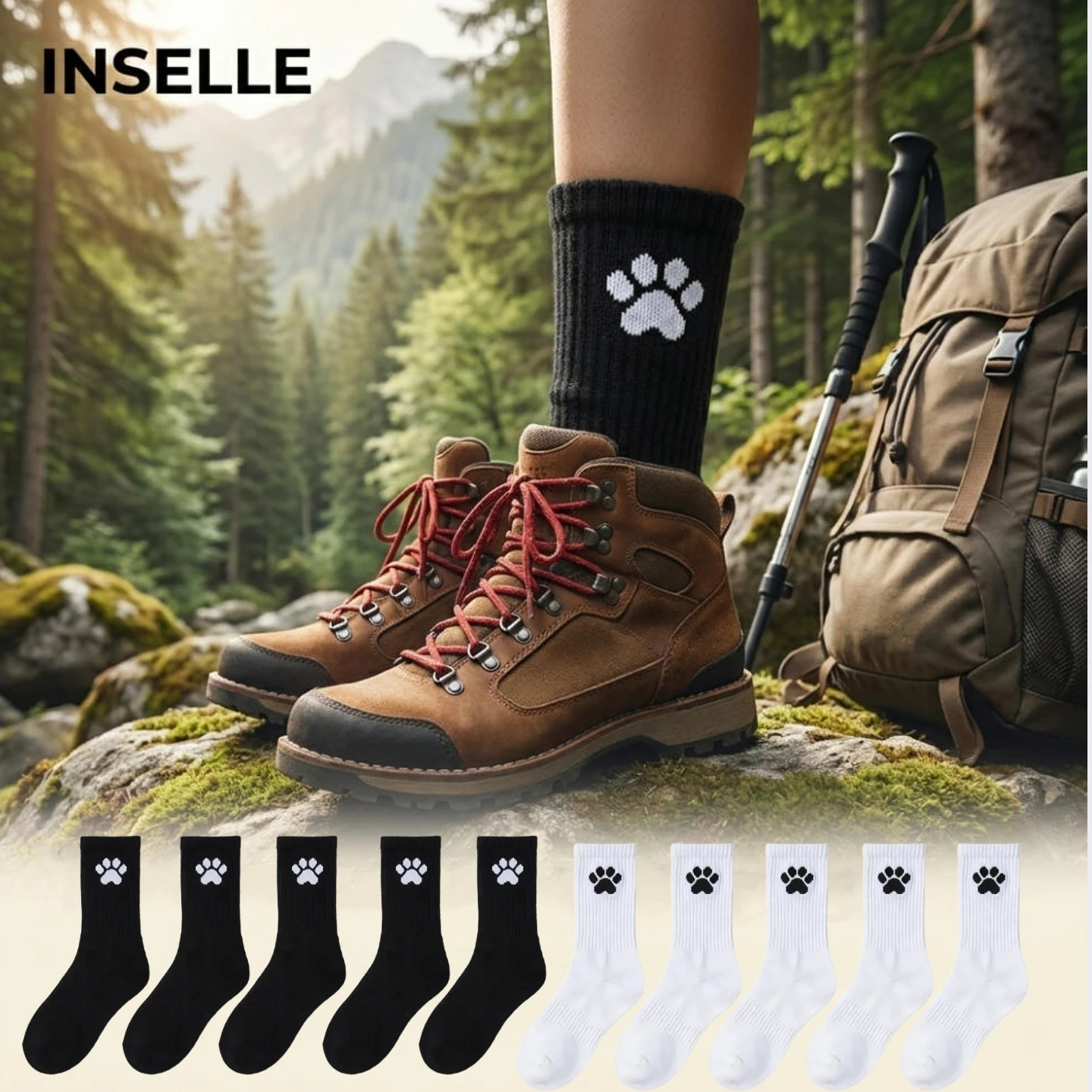 5/10 Paar weiche und bequeme Socken mit Katzenpfotenmuster, atmungsaktive Damen-Rundhalssocken, niedliche Tiermuster, schwarz/weiß