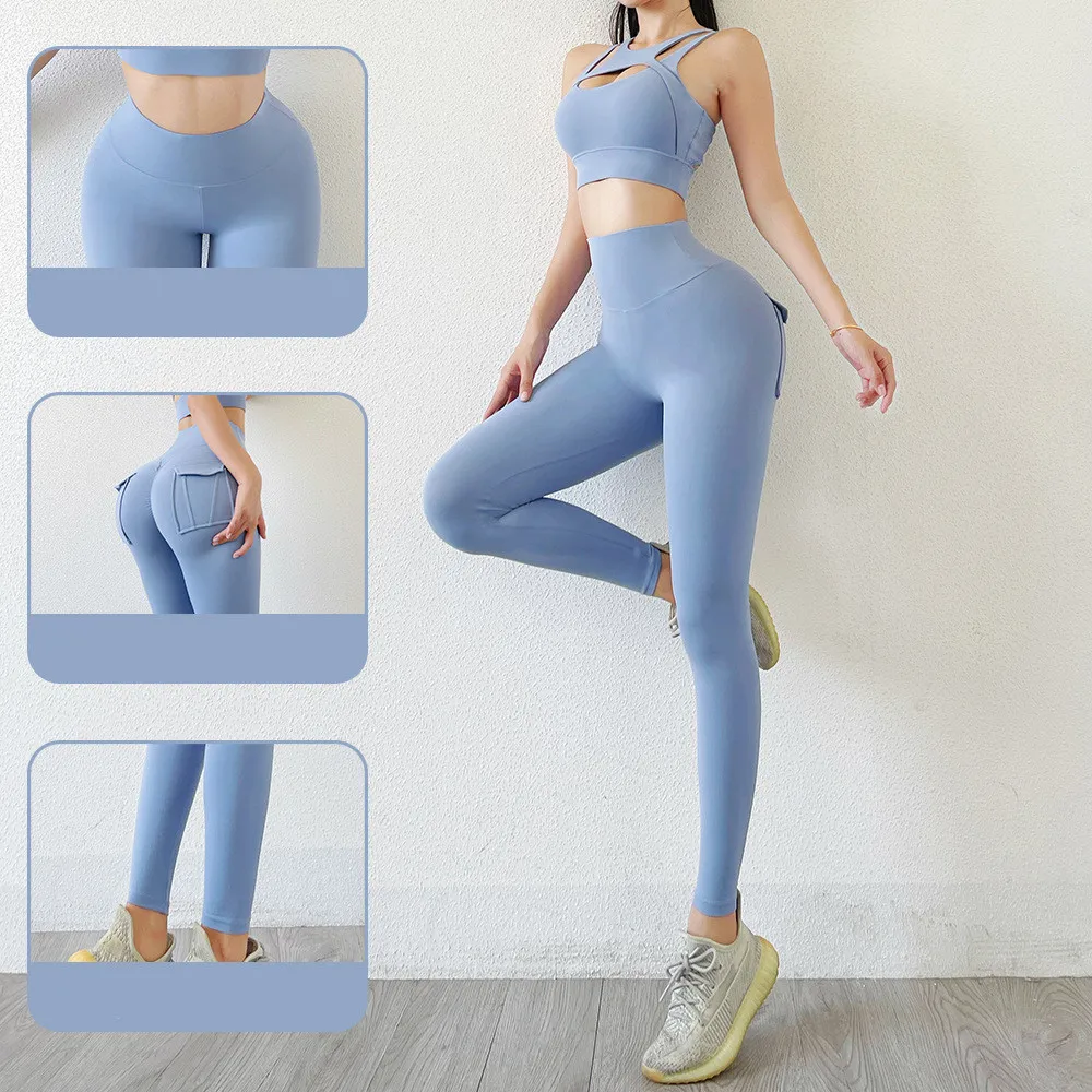 Legging wanita pinggang tinggi saku Yoga celana seksi Push Up Gym kebugaran celana olahraga peregangan lembut elastisitas legging lari