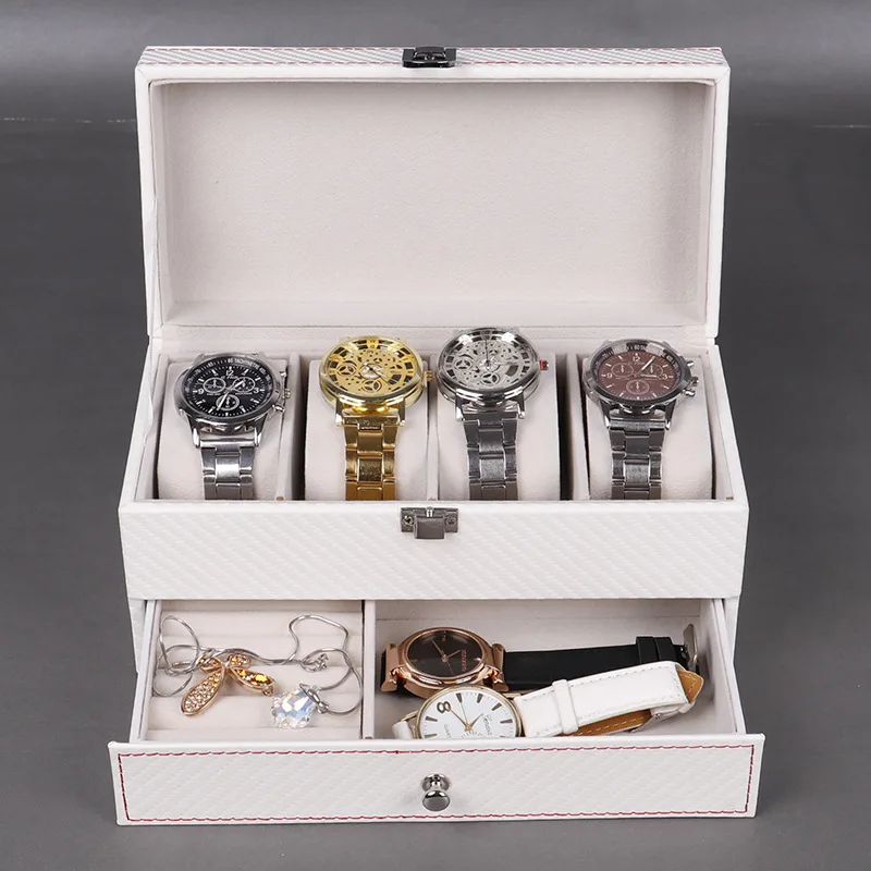 WellZone Double-Deck Black/White Magnetic Top Watch Box 4 Slots PU Leather Jewelry Organizer Travel Display Case for Men/Women