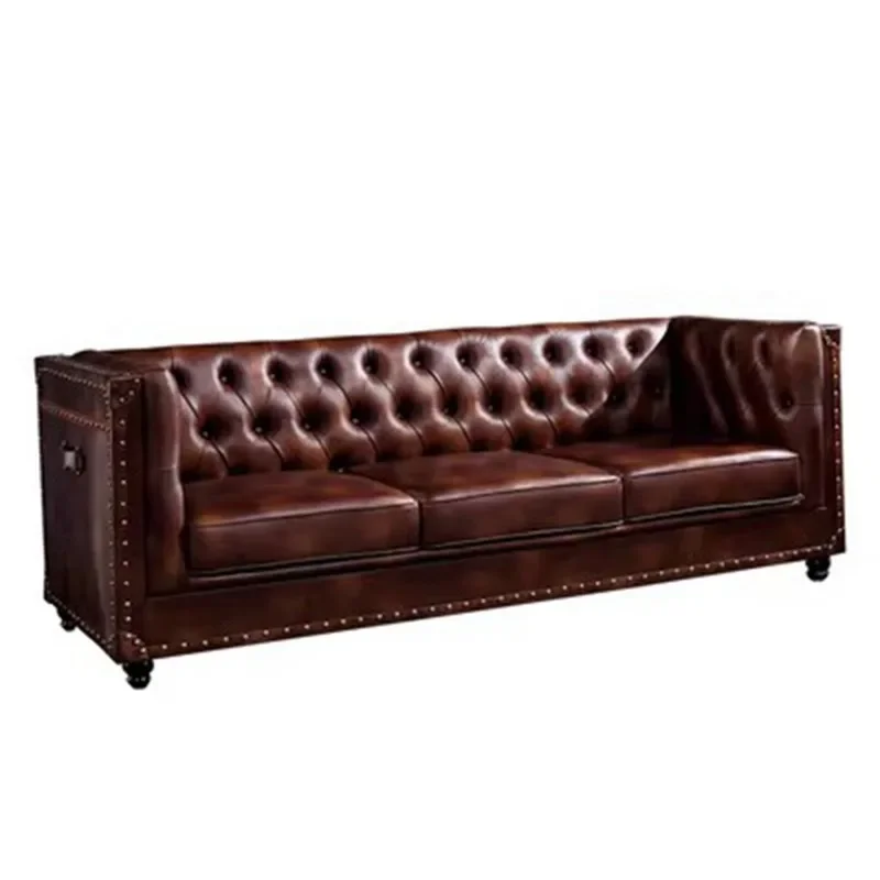Oil wax leather sofa, living room first floor cowhide clothing store, double triple straight-breasted buckle sofa