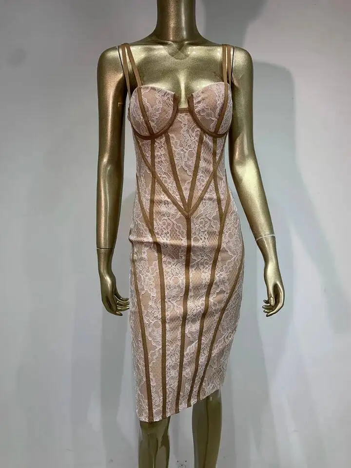 LEOSOXS 2025 nuevas mujeres celebridad Sexy cuello en V espalda descubierta encaje Beige Midi ceñido al cuerpo vendaje vestido elegante traje de fiesta y Club de noche