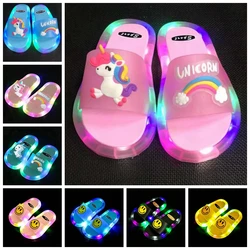 Children LED Light Slippers Baby Boy Girl Cartoon Unicorns Print Summer Kids Indoor Non-slip Soft Infant Beach Shoes Size 24-35