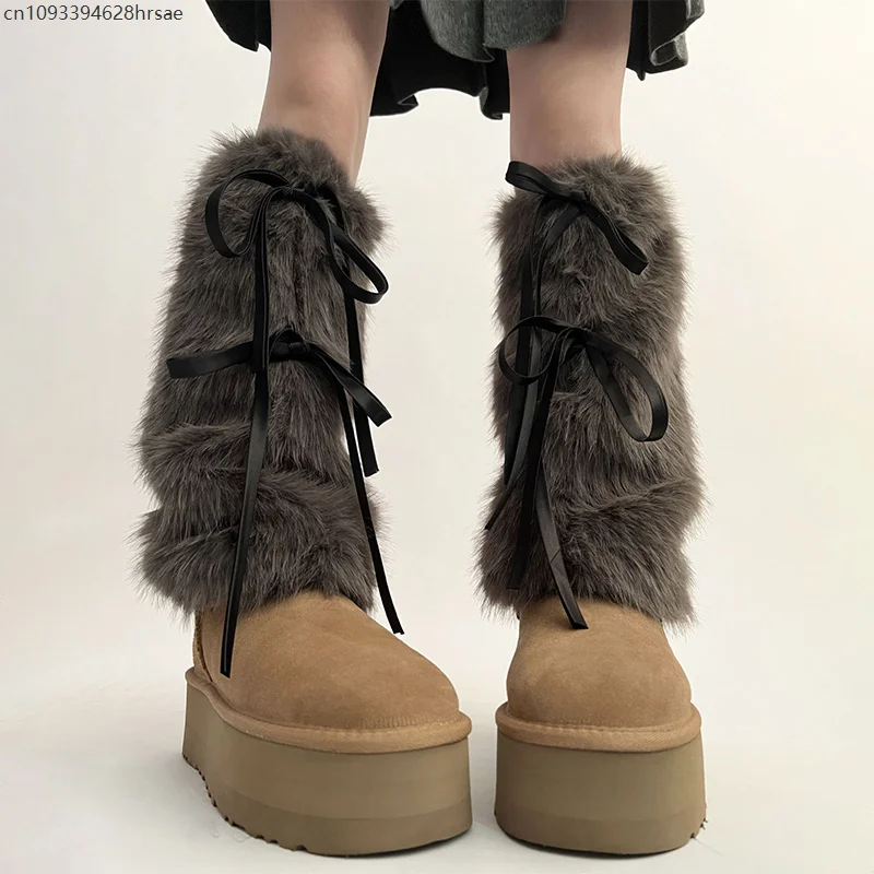 

Girls JK Boot Cuffs Leg Warmers Women Winter Warm Harajuku Sweet Ribbon Bowknot Long Socks Furry Plush Boot Cover Party Costume