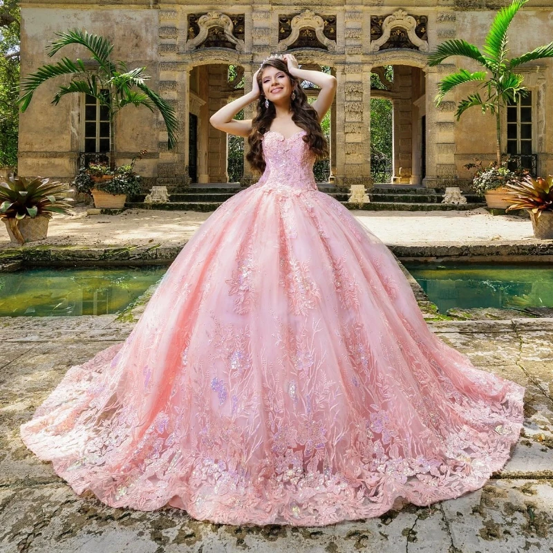 

Pink Shiny Off The Shoulder Beading Crystal Quinceanera Dresses Ball Gown Appliques Lace Tull Sweet 15 Vestidos De XV Años