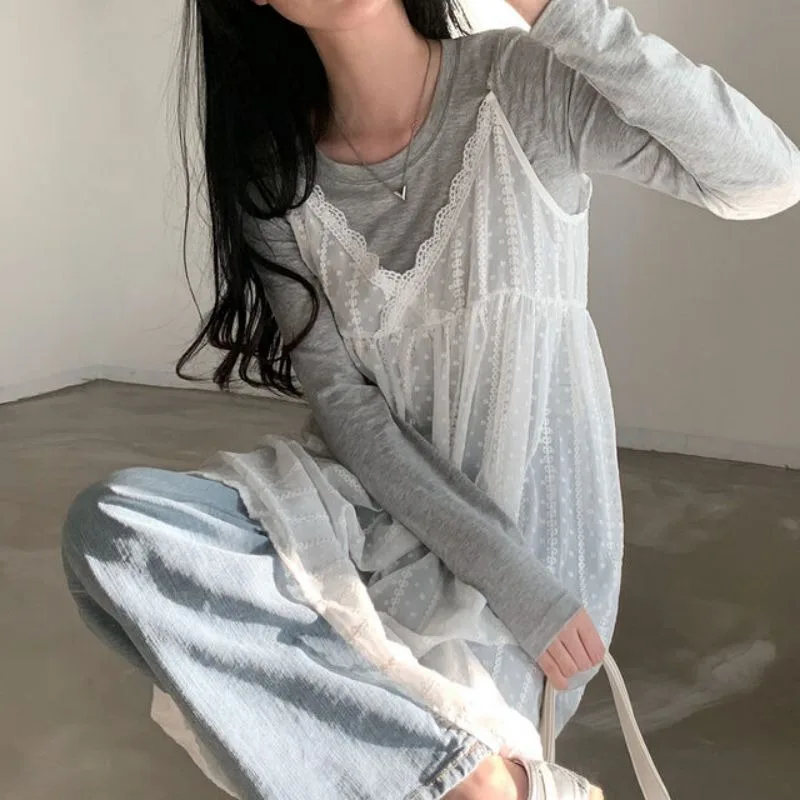 Chic Layered V-Neck Lace Mesh Tank Dress Korean Style Women's Casual Short Skirt Long Sleeve Polyester Fiber Commute Dress