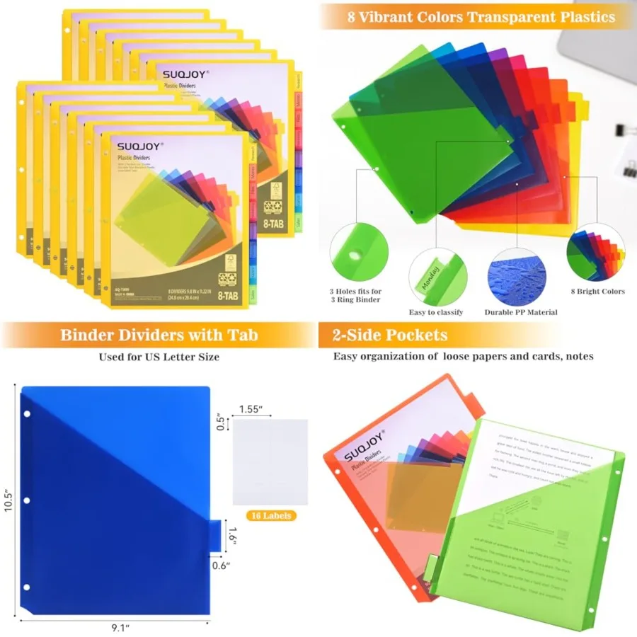 

8-Tab Dividers for 3 ring binder, 96 Count Binder Dividers with Pockets, Subject Dividers, 3-Hole Plastics Sheets Protectors fo