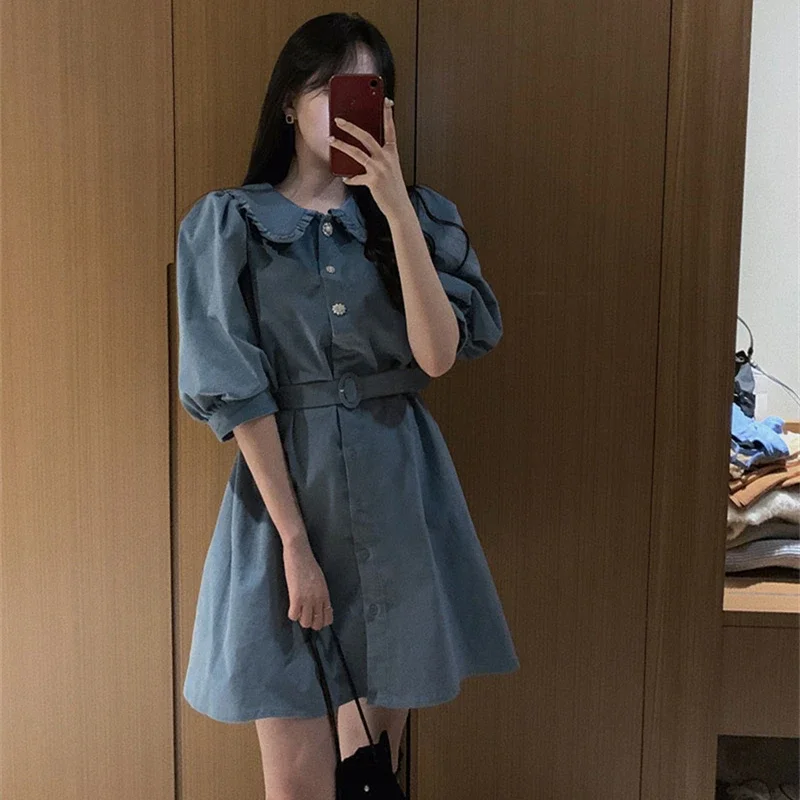 

2024 New Women Elegant High Waist Blue Shirt Dresses Fashionable Vintage Korean Spring Summer Puff Sleeve with Belt Mini Dress