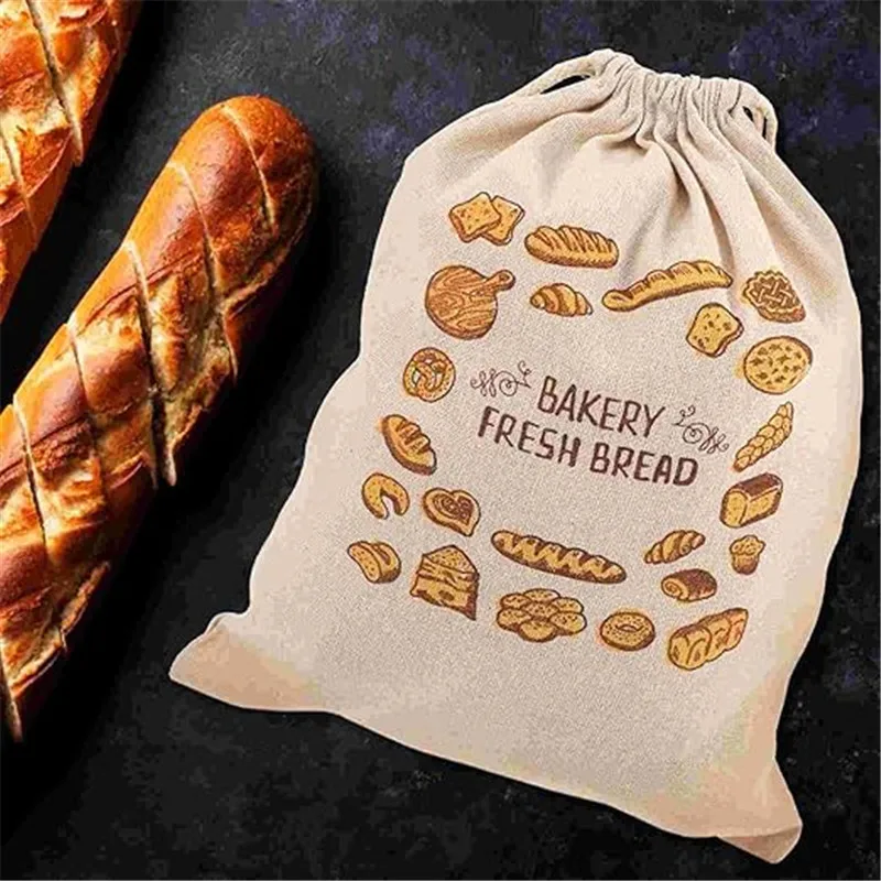 3 Pcs/lot Bakery Fresh Bread Packaging Bag Big Size Reusable Cotton Linen Drawstring Pouch Keeping Kitchen Organizer