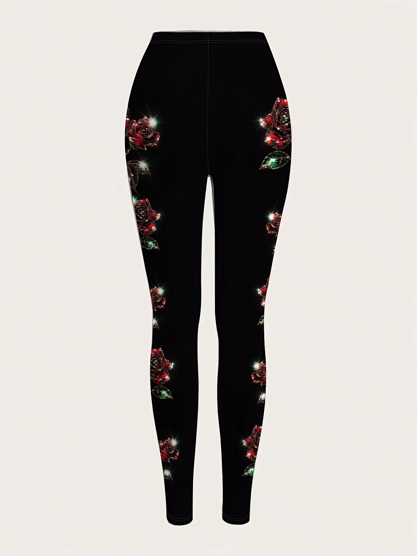 Women Fleece‑Lined Leggings Side Red Rose Floral Print Mid‑Waist Winter Warm Casual Bottoms
