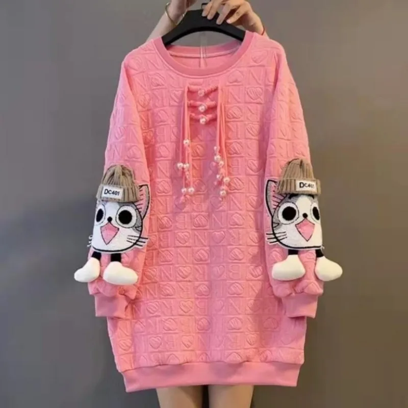 

2023 Autumn Winter New Simple Disc Buckle Cartoon Three-dimensional Cute Kitten Pattern Mid-length Loose Pullover Hoodie Woman