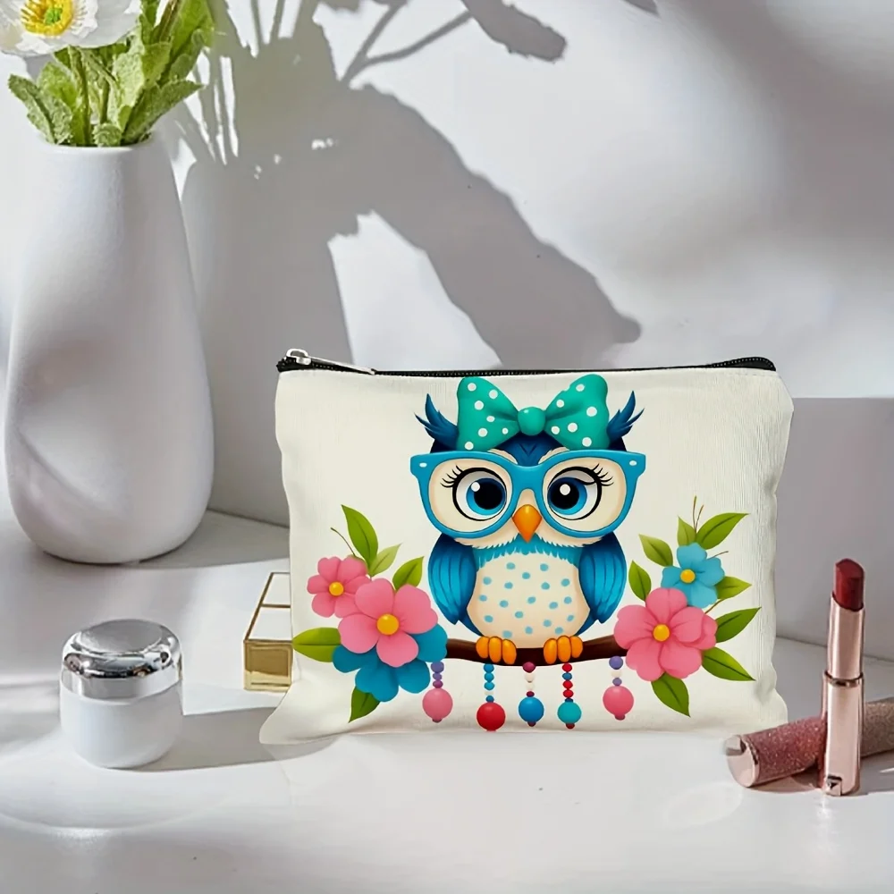 Urocza kosmetyczka z nadrukiem sowy - wielofunkcyjna saszetka na zamek błyskawiczny, woreczek na biżuterię, idealna podróżna mała saszetka na zamek.
