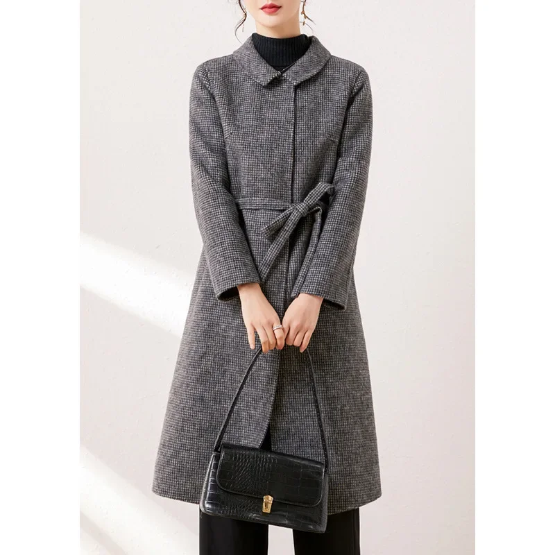 

2023 autumn and winter new long black and white thousand bird grid double-sided cashmere coat women's cape trench coat