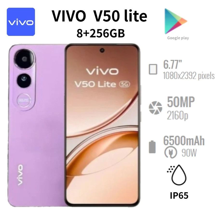 2026 New Vivo V50 Lite 5G Smartphone, 6.77‑Inch 120Hz AMOLED Screen, 6500mAh 90W Fast Charge, 50MP AI Camera Dual‑SIM Unlocked M