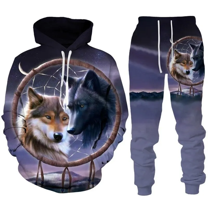 Autumn Men Animal Wolf Hoodie Printed Male Autumn Casual Sweatshirt Sweatpants Pullover Men Tracksuit Set Men\'s Clothing Suit